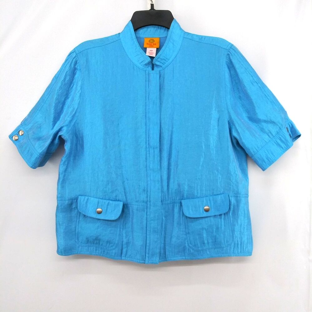 Ruby Rd Jacket Women Size 14P Aqua Blue Shimmer Short Sleeve Band Collar Zip Up